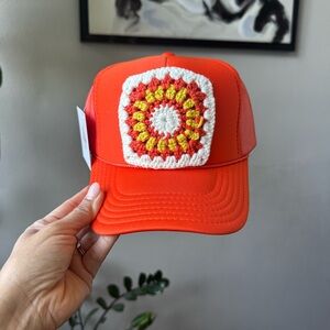 #12 Orange/White Boho Granny Square Trucker Hat